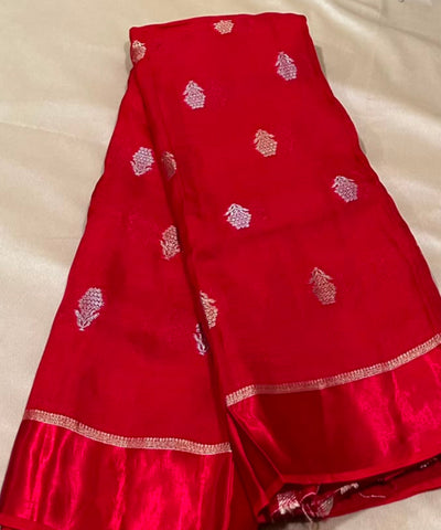 Viscose khadi silk saree Bright Red Shade Silver Gold Zari Buttas & Matching Satin Border | Glow & Glitter Boutique
