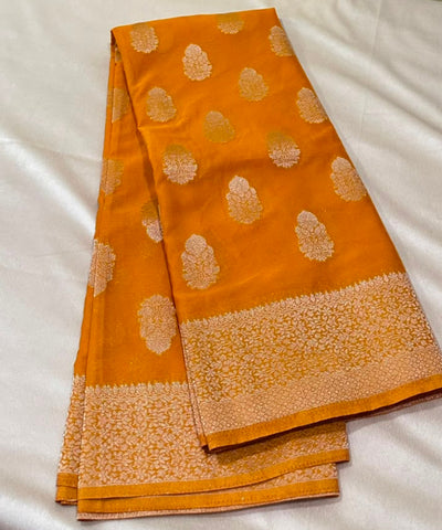 Banaras georgette silk saree Elegant Mustard Yellow with Rich Gold Zari Border | Glow & Glitter Boutique