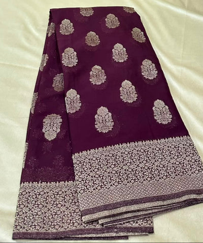 Banaras georgette silk saree Elegant Wine Shade with Rich Gold Zari Border | Glow & Glitter Boutique