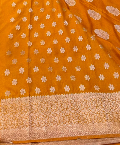 Banaras georgette silk saree Elegant Mustard Yellow with Rich Gold Zari Border | Glow & Glitter Boutique