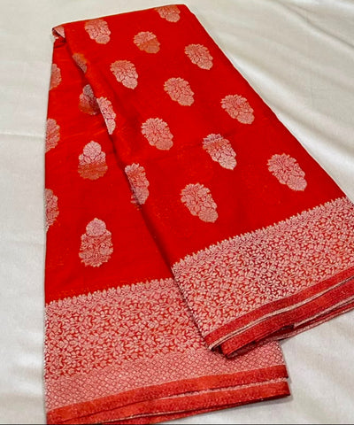 Banaras georgette silk sareeElegant Burnt Orange with Rich Silver Zari Border | Glow & Glitter Boutique