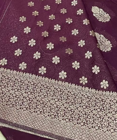 Banaras georgette silk saree Elegant Wine Shade with Rich Gold Zari Border | Glow & Glitter Boutique