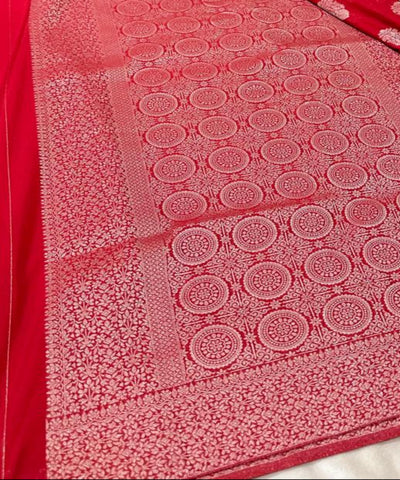 Banaras georgette silk saree Elegant Bright Red with Rich Silver Zari Border | Glow & Glitter Boutique