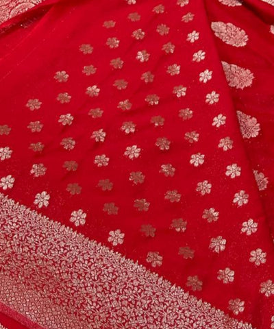 Banaras georgette silk saree Elegant Bright Red with Rich Silver Zari Border | Glow & Glitter Boutique