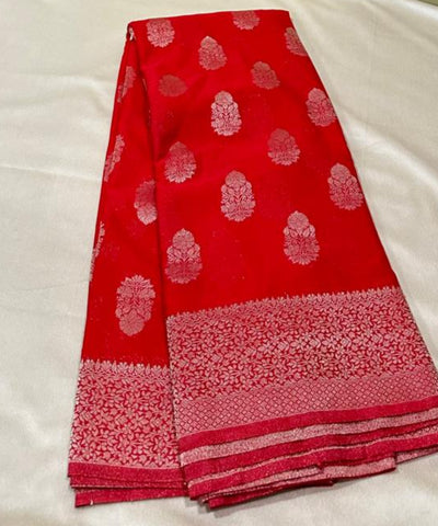 Banaras georgette silk saree Elegant Bright Red with Rich Silver Zari Border | Glow & Glitter Boutique