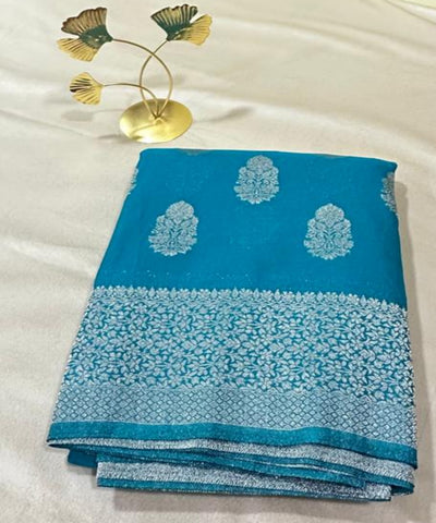 Banaras georgette silk saree Elegant Turquoise Blue with Rich Silver Zari Border | Glow & Glitter Boutique