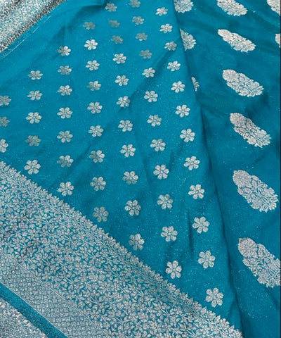 Banaras georgette silk saree Elegant Turquoise Blue with Rich Silver Zari Border | Glow & Glitter Boutique