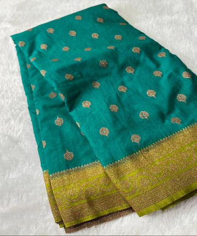 Tussar Silk Saree Aqua Blue Green with Parrot Green & Rich Gold Zari Border | Glow & Glitter Boutique