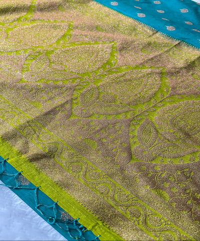 Tussar Silk Saree Aqua Blue Green with Parrot Green & Rich Gold Zari Border | Glow & Glitter Boutique