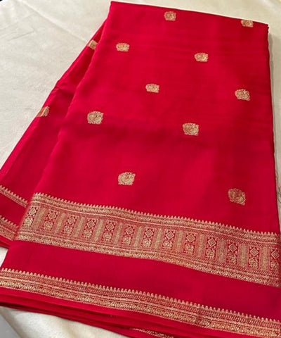 Viscose silk saree Cherry Red Shade With Rich Gold Zari Border | Glow & Glitter Boutique