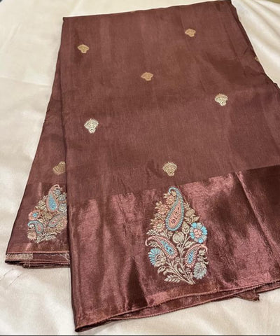 Viscose silk saree with Meena borders Dark Coco Brown Shade With Satin Border | Glow & Glitter Boutique