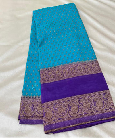 Banaras georgette silk saree Ice Aqua Blue Saree with Royal Purple Zari Border | Glow & Glitter Boutique