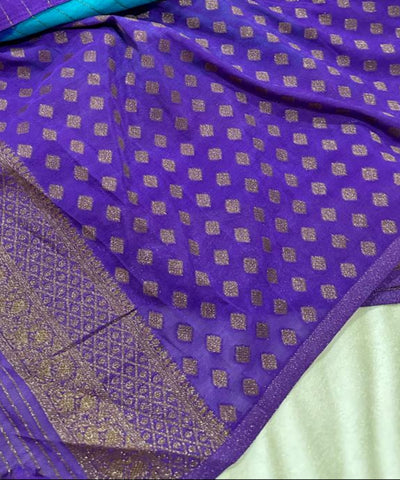 Banaras georgette silk saree Ice Aqua Blue Saree with Royal Purple Zari Border | Glow & Glitter Boutique