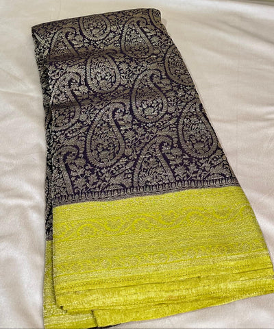 Banaras Georgette silk with blouse Dark Brown with lime Yellow Zari Border | Glow & Glitter Boutique