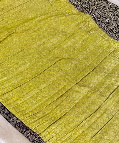 Banaras Georgette silk with blouse Dark Brown with lime Yellow Zari Border | Glow & Glitter Boutique