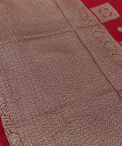 Matka Tussar silk Cherry Red Shade with Gold Zari Border | Glow & Glitter Boutique