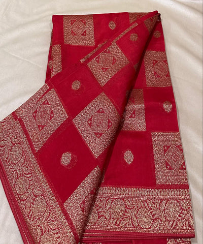 Matka Tussar silk Cherry Red Shade with Gold Zari Border | Glow & Glitter Boutique