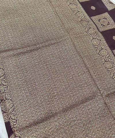 Matka Tussar silk Coco Chocolate Brown Shade With Gold Zari Border | Glow & Glitter Boutique