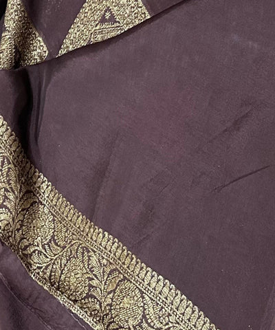 Matka Tussar silk Coco Chocolate Brown Shade With Gold Zari Border | Glow & Glitter Boutique