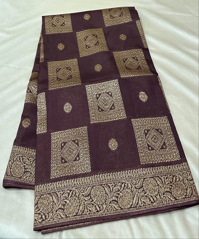 Matka Tussar silk Coco Chocolate Brown Shade With Gold Zari Border | Glow & Glitter Boutique