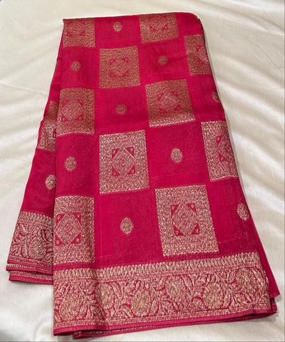 Matka Tussar silk Rani Pink Shade with Gold Zari Border | Glow & Glitter Boutique