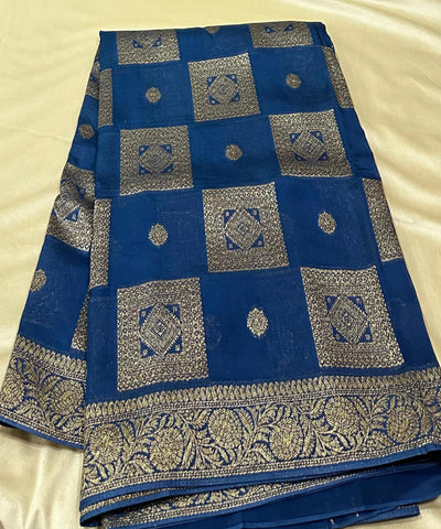 Matka Tussar silk Royal Blue with Gold Zari Border | Glow & Glitter Boutique