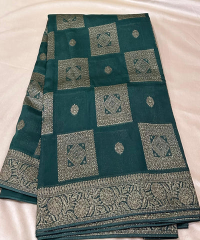 Matka Tussar silk Emerald Green Shade with Gold Zari Border | Glow & Glitter Boutique