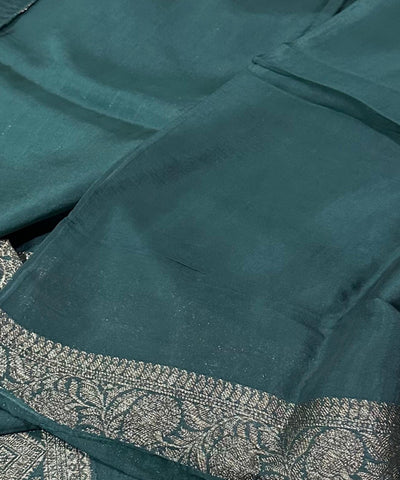 Matka Tussar silk Emerald Green Shade with Gold Zari Border | Glow & Glitter Boutique