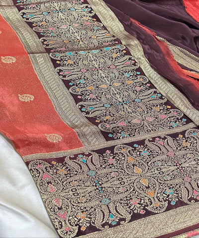 Mashru silk Rust Orange with coco brown border | Glow & Glitter Boutique