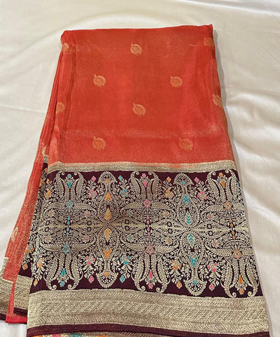 Mashru silk Rust Orange with coco brown border | Glow & Glitter Boutique