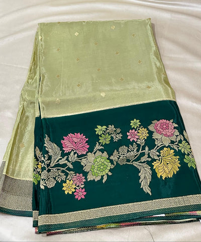 Mashru silk saree Pastel Pista Green & Emerald Green Border | Glow & Glitter Boutique