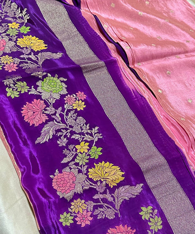 Mashru silk saree Pastel Pink with Dark Purple Floral Border | Glow & Glitter Boutique