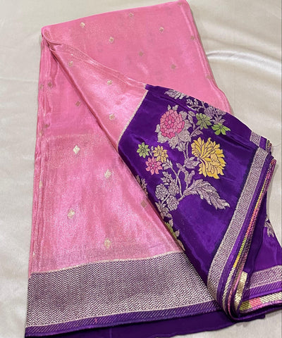 Mashru silk saree Pastel Pink with Dark Purple Floral Border | Glow & Glitter Boutique