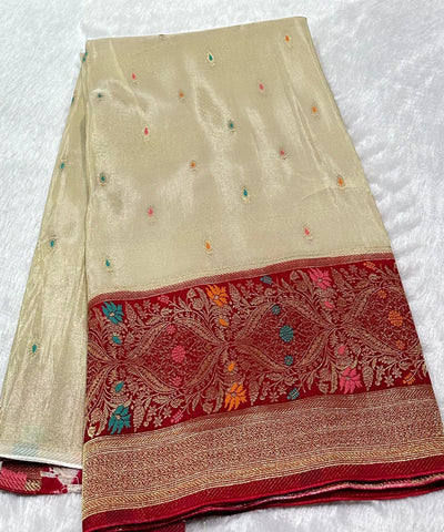 Mashru silk saree Ivory Gold Tissue with Red Border | Glow & Glitter Boutique