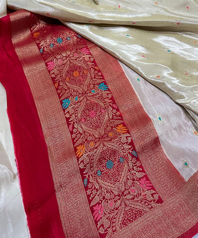Mashru silk saree Ivory Gold Tissue with Red Border | Glow & Glitter Boutique