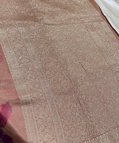 Banaras digital silk saree Dark Chikoo Shade With Gold Zari Border | Glow & Glitter Boutique