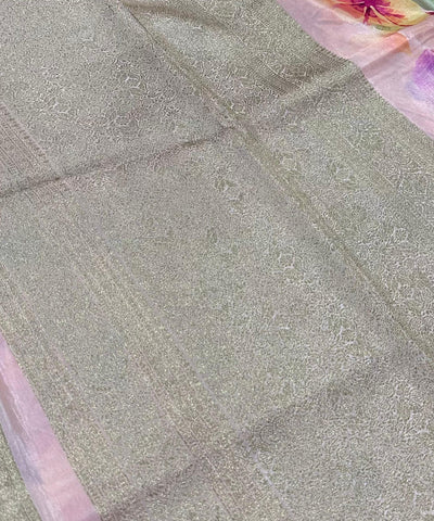 Banaras digital silk saree Pastel Blush Pink with Gold Zari Border | Glow & Glitter Boutique