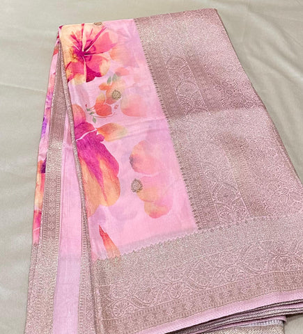 Banaras digital silk saree Pastel Blush Pink with Gold Zari Border | Glow & Glitter Boutique