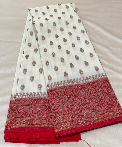 Banaras silk saree Ivory White & Rich Red Gold Zari Border | Glow & Glitter Boutique