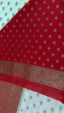 Banaras silk saree Ivory White & Rich Red Gold Zari Border | Glow & Glitter Boutique