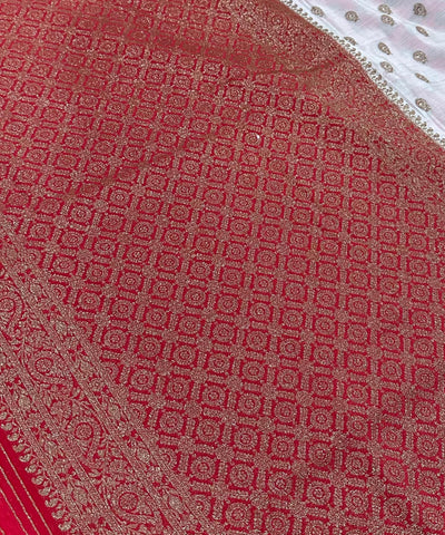 Banaras silk saree Ivory White & Rich Red Gold Zari Border | Glow & Glitter Boutique