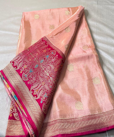 Mashru silk saree Pastel Peach Pink with Magenta Floral Border | Glow & Glitter Boutique