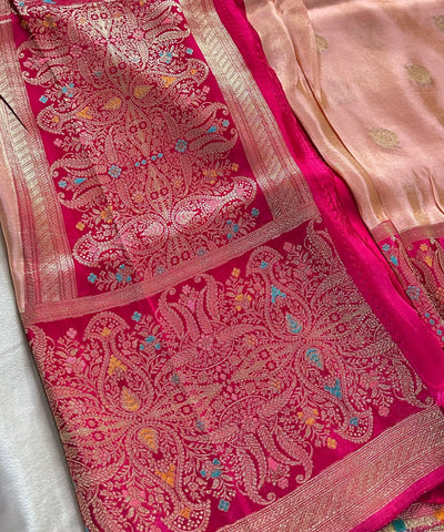 Mashru silk saree Pastel Peach Pink with Magenta Floral Border | Glow & Glitter Boutique