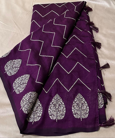 Fancy Silk Saree Deep Purple Shade with Tissue Blouse | Glow & Glitter Boutique