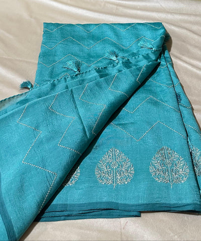 Fancy Silk Saree Aqua Blue Shade with Tissue Blouse | Glow & Glitter Boutique
