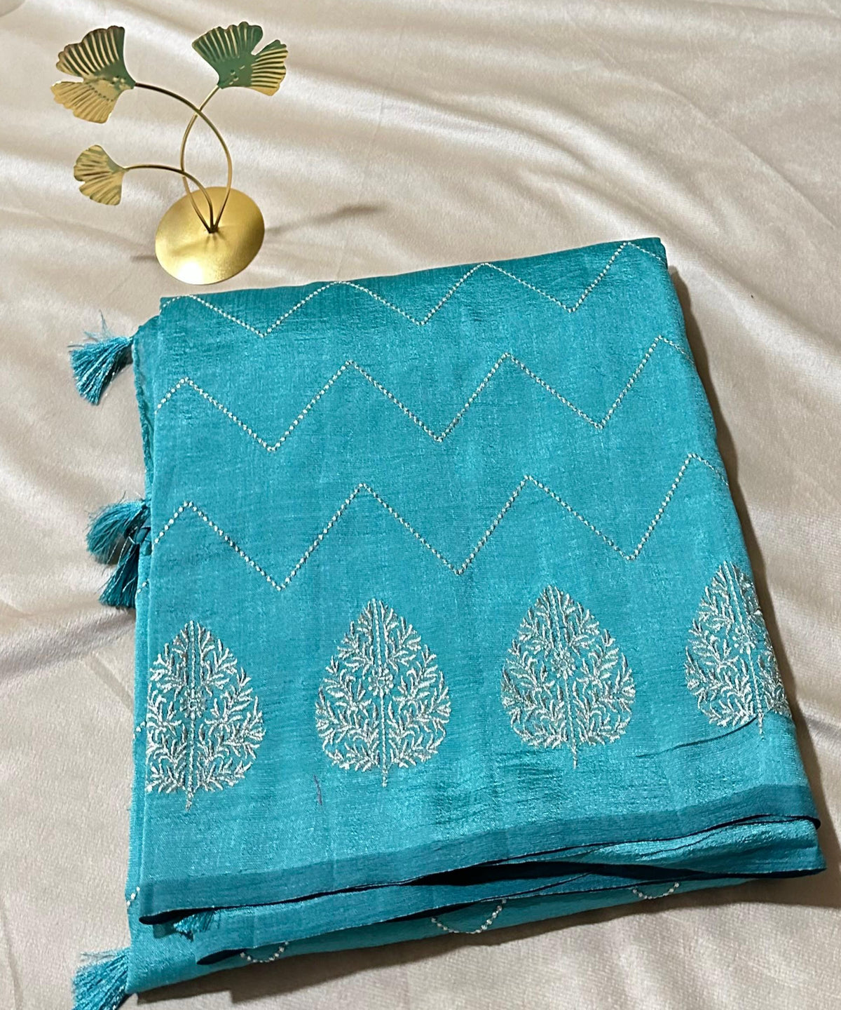 Fancy Silk Saree Aqua Blue Shade with Tissue Blouse | Glow & Glitter Boutique
