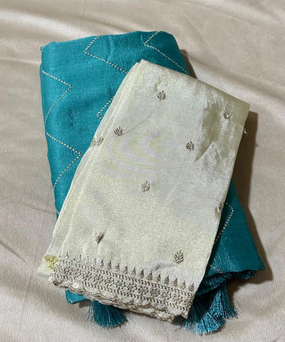 Fancy Silk Saree Aqua Blue Shade with Tissue Blouse | Glow & Glitter Boutique