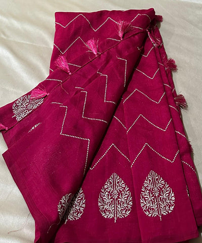 Fancy Silk Saree Dark Meganta pink Shade with Tissue Blouse | Glow & Glitter Boutique