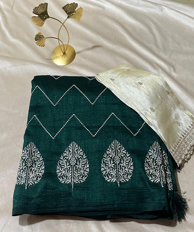 Fancy Silk Saree Emerald Green Shade with Tissue Blouse | Glow & Glitter Boutique