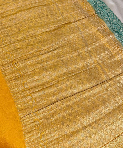 Banaras Georgette silk with blouse Pista Green with Gold Yellow Zari Border | Glow & Glitter Boutique
